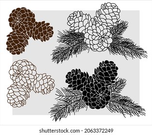 
Vector image of a Christmas tree cone with branches. Line and fill on a gray background.