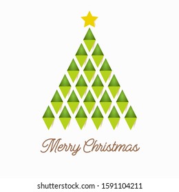 Vector image of a Christmas tree made from green triangles with shadow on a white background. Star at the top. New Year card, Merry Christmas and Happy New Year 2020.