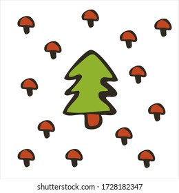 Vector. Image of christmas tree and mushrooms in doodle style. Isolated on a white background. For a logo, children's coloring, stickers, design of books, magazines,  camping trips to the forest.