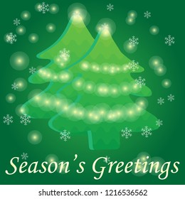 Vector image of Christmas trees ornamented with spheres of light. Green Background. Season's Greetings.