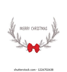 Vector image of a Christmas wreath with a bow, a wreath of fir. Merry Christmas inscription in the center. Christmas mood. Universal use.