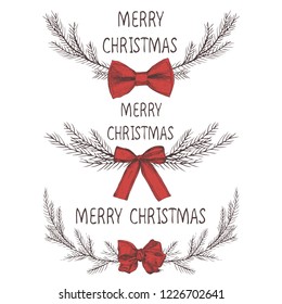 Vector image of a Christmas wreath with a bow, a wreath of fir. Merry Christmas inscription in the center. Christmas mood. Universal use.