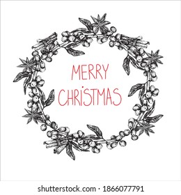 Vector image of a Christmas wreath, cinnamon lettering Christmas.