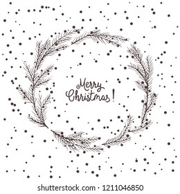 Vector image of a Christmas wreath, a wreath of green fir. Merry Christmas inscription in the center. Christmas mood. Universal use.