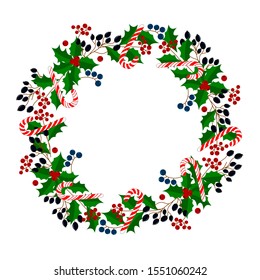 Vector image Christmas wreath of holly branches, Christmas trees, berries on a white background, ornament for the decor of cards, banners. Good New Year spirit.