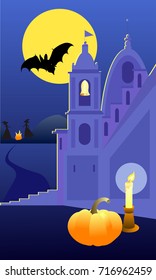 Vector image of church and dark sky with moon and the bat. Ideas for Halloween. Witches and fire in the background