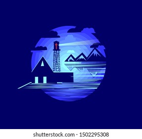Vector image of the Church located near the mountain lake .