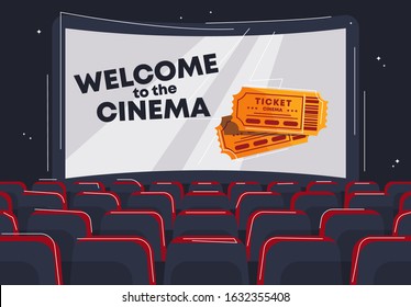 vector image of the cinema hall, chairs and screen for showing movies, rear view, the inscription on the screen welcome to the cinema, movie tickets