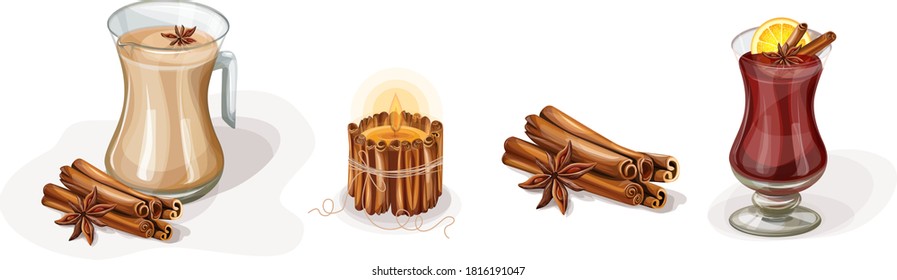 Vektorbild von Zimt und einige Variationen seiner Verwendung. Set. Cartoon-Stil. EPS10