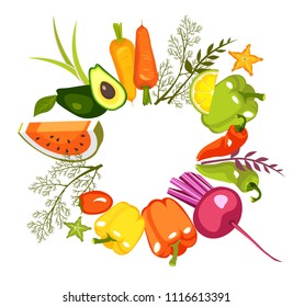 Vector image of a circle of fresh vegetables and herbs for a healthy lifestyle on a white background