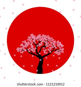 Vector image in a circle. Sakura and sun. Japan. T-shirt with print.