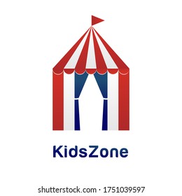 Vector image of a circus tent for children in the form of a tent with a flag on the roof. Logo template, icon, sign, symbol of a kids zone, room, place for children, play space, toy store.