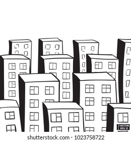 Vector image. City landscape. Sketch of the city, top view. Roofs of multi-storey houses painted with ink, hand drawing.