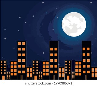 Vector image of a city in night with bright moon at the top...
