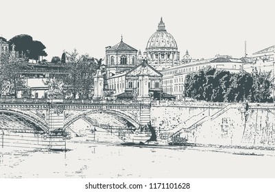 Vector image of the city of Rome with a view of the Tiber River 