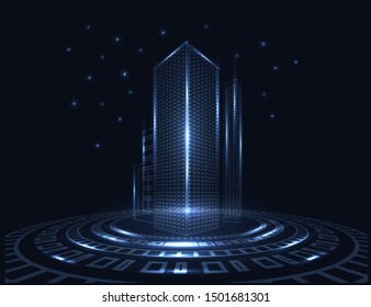 Vector image of a city silhouette in a HUD ring on a dark background, in the style of techno.