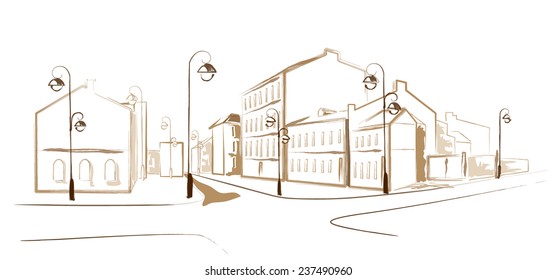 Vector image of a city street with old houses on a white background