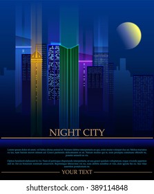 Vector image of a cityscape in the background of the moon at night.