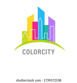 Vector image of a cityscape of color rectangles - multi-storey buildings, skyscrapers, offices, business centers, trade and entertainment. Logo of a real estate agency, business and finance.