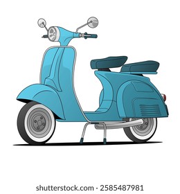 vector image of a classic blue scooter with a retro design, featuring a single headlight, mirrors, and a comfortable seat, highlighting its vintage charm and timeless appeal