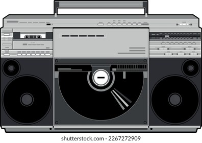 Vector image of a classic Boombox or Ghetto Blaster. Inspired by a Linear Tracking Turntable portable stereo model in black and white 