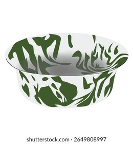 Vector image of a classic enamel bowl with green camouflage-style pattern, perfect for food-themed or vintage kitchen illustrations.