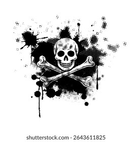 Imagen de Vector de una calavera de estilo pirata clásica y huesos cruzados colocados sobre un salpicadero de tinta negro grunge. Fuerte contraste para temas de diseño rebeldes o alternativos.