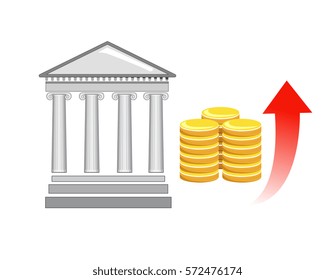 Vector image of a classical style facade with columns and coins with an upwards arrow