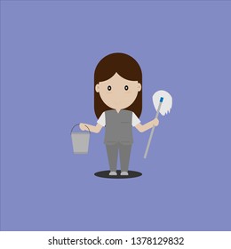 
Vector image, cleaning lady, staff, long hair, smiling in mobile phone, mop and water tank
