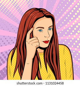 vector image of clever young woman with finger near head who shows to think in pop-art style