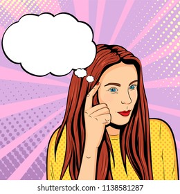 vector image of clever young woman with finger near head who shows to think in pop-art style. Thinking bubble