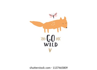 Vector image, clipart, editable details. Cute fox print. Scandinavian design, modern style. Decor elements for your projects and other.