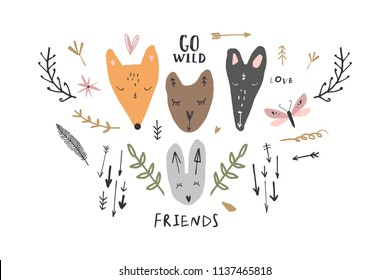 Vector image, clipart, editable details. Cute animals and symbols set. Scandinavian design, modern style. Decor elements for your projects and other.