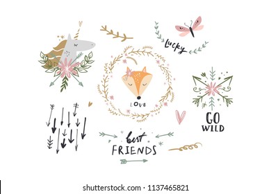 Vector image, clipart, editable details. Cute animals and symbols set. Scandinavian design, modern style. Decor elements for your projects and other.