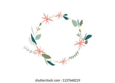 Vector image, clipart, editable details. Pastel hand drawn wreath. Text template. Scandinavian design, modern style. Decor elements for your projects and other.