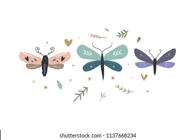 Vector image, clipart, editable details. Stylized butterflies set. Scandinavian design, modern style. Decor elements for your projects and other.