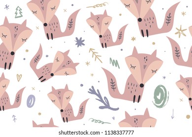 Vector image, clipart, editable details. Cute foxes pattern, wallpaper. Scandinavian design, modern style. Decor elements for your projects and other.