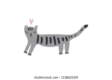 Vector image, clipart, editable details. Cute cartoon gray cat art. Scandinavian design, modern style. Decor elements for your projects and other.