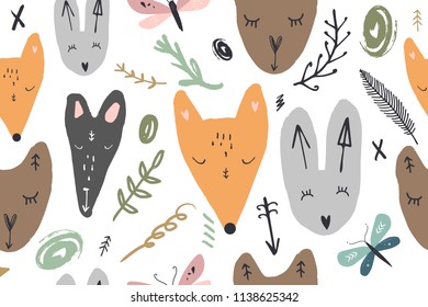 Vector image, clipart, editable details. Cute forest animals set, pattern, wallpaper. Scandinavian design, modern style. Decor elements for your projects and other.