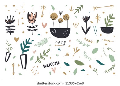 Vector image, clipart, editable details. Summer floral sketches collection. Scandinavian design, modern style. Decor elements for your projects and other.