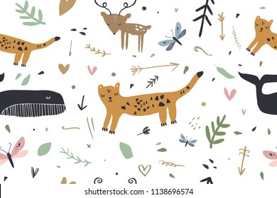 Vector image, clipart, editable details. Cute wild animals set, pattern, wallpaper. Scandinavian design, modern style. Decor elements for your projects and other.
