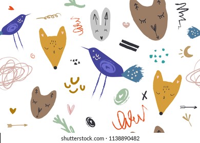 Vector image, clipart, editable details. Cute animals set, pattern, wallpaper. Scandinavian style, modern art. Decor elements for your projects and other.