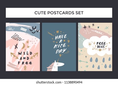 Vector image, clipart, editable details. Cute baby postcards set. Scandinavian style, modern art. Decor elements for your projects and other.
