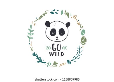 Vector image, clipart, editable details. Cute panda art and floral frame. Decor elements for your projects and other.