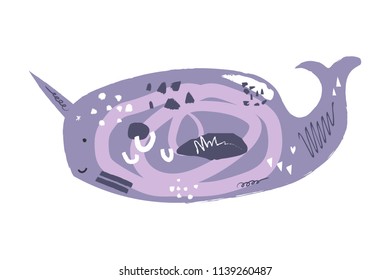 Vector image, clipart, editable details. Cute cartoon narwhal art. Decor elements for your projects and other.