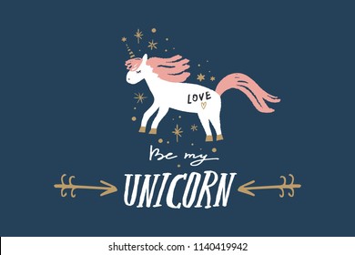 Vector image, clipart, editable details. Cute hand drawn unicorn art, text banner, card, baby print. Decor elements for your projects and other.