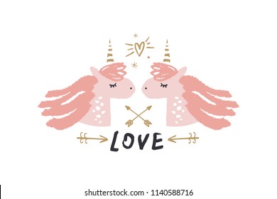 Vector image, clipart, editable details. Cute unicorns art, love print. Scandinavian style art, modern design. Decor elements for your projects and other.