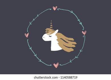Vector image, clipart, editable details. Cute unicorn head, frame. Scandinavian style art, modern design. Decor elements for your projects and other.