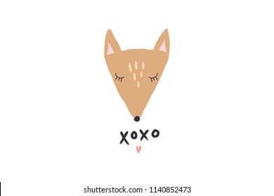 Vector image, clipart, editable details. Cute fox face art, hugs and kisses. Scandinavian style art, modern design. Decor elements for your projects and other.