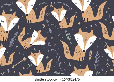 Vector image, clipart, editable details. Cute cartoon little foxes pattern, baby print. Scandinavian style art, modern design.